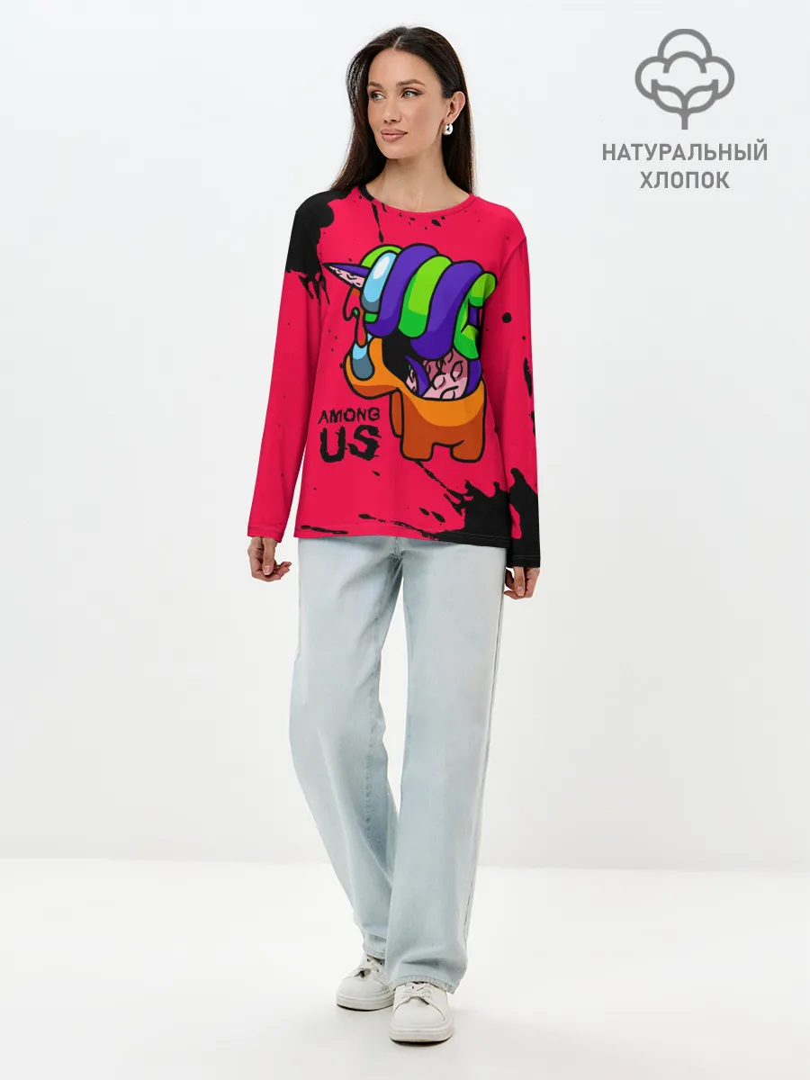 Лонгслив женский. Хлопок / AMONG US - ORANGE & GREEN