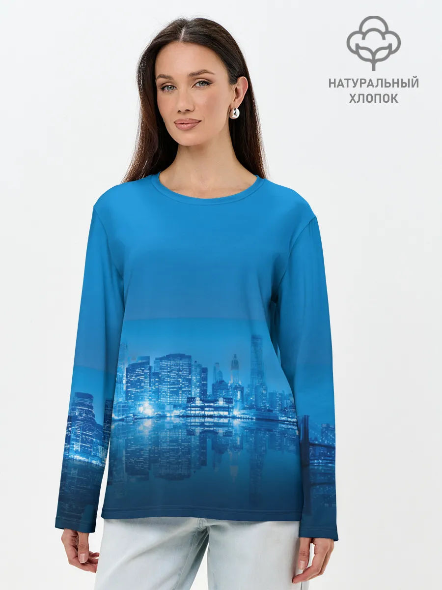 Лонгслив женский. Хлопок / вид на ночной мегаполис