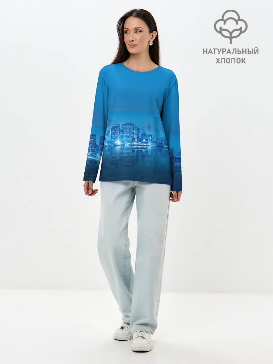Лонгслив женский. Хлопок / вид на ночной мегаполис