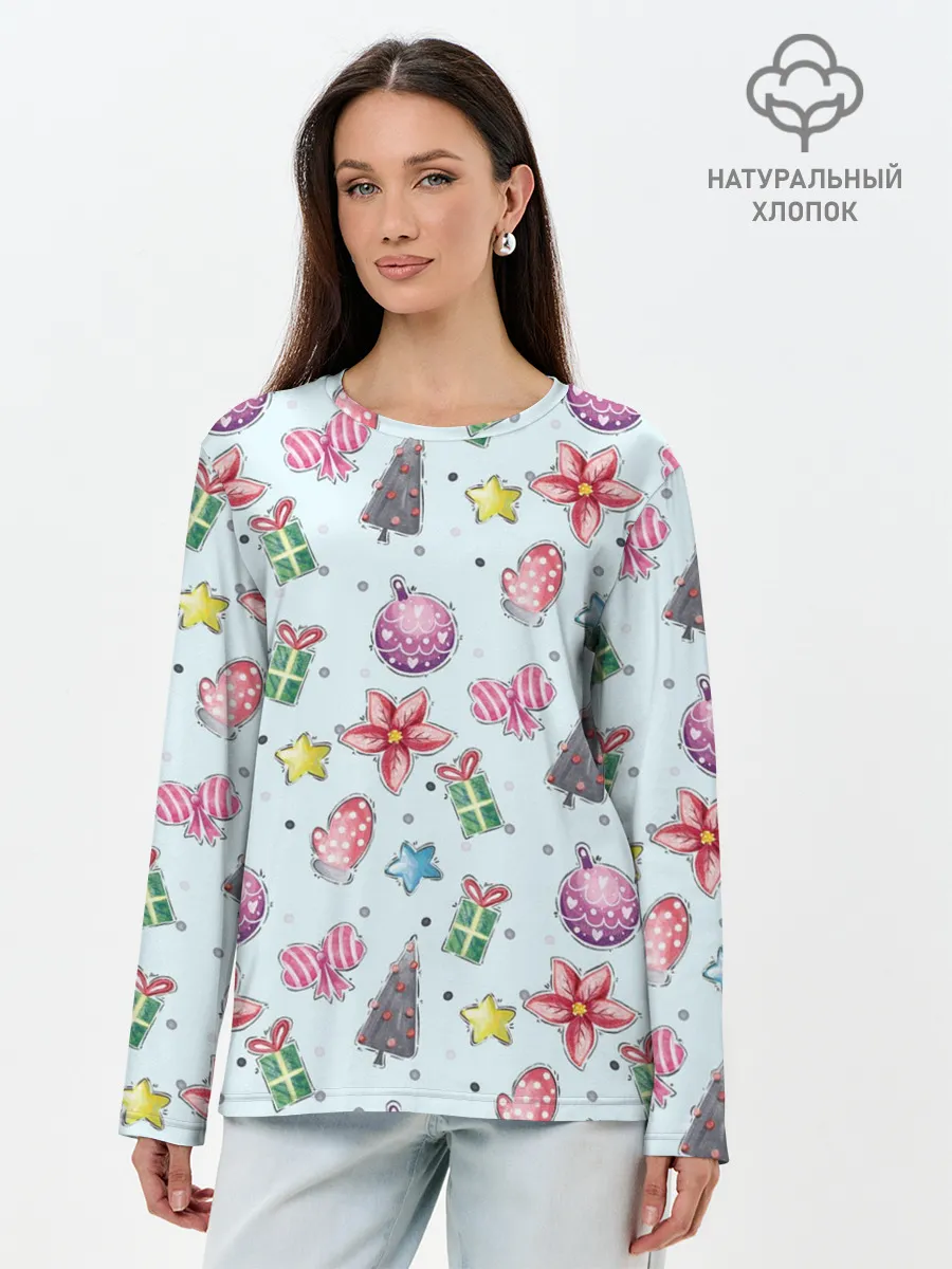 Лонгслив женский. Хлопок / новогодние игрушки