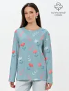 Лонгслив женский. Хлопок / Цветочки и листики на голубом