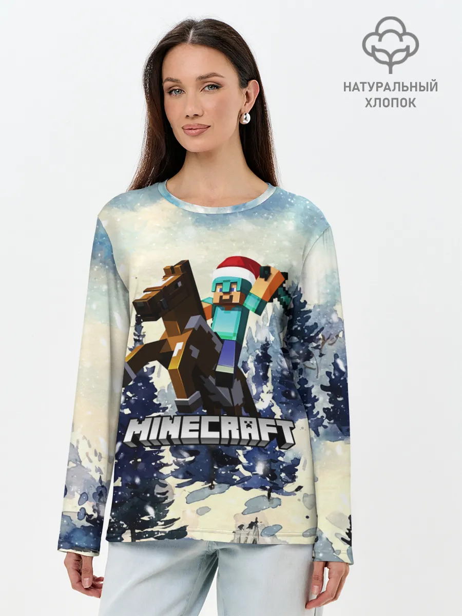 Лонгслив женский. Хлопок / Зимний Майнкрафт