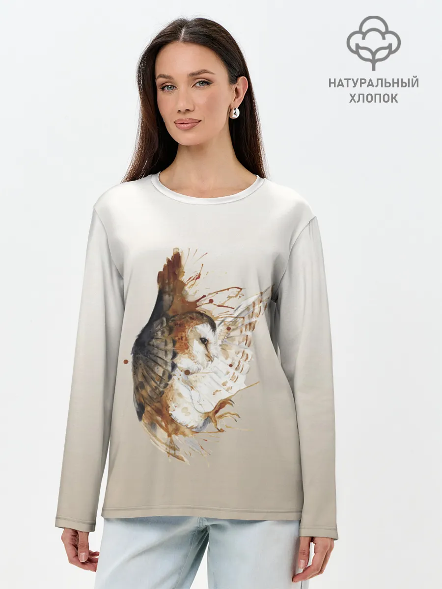 Лонгслив женский. Хлопок / летящая сова рисунок