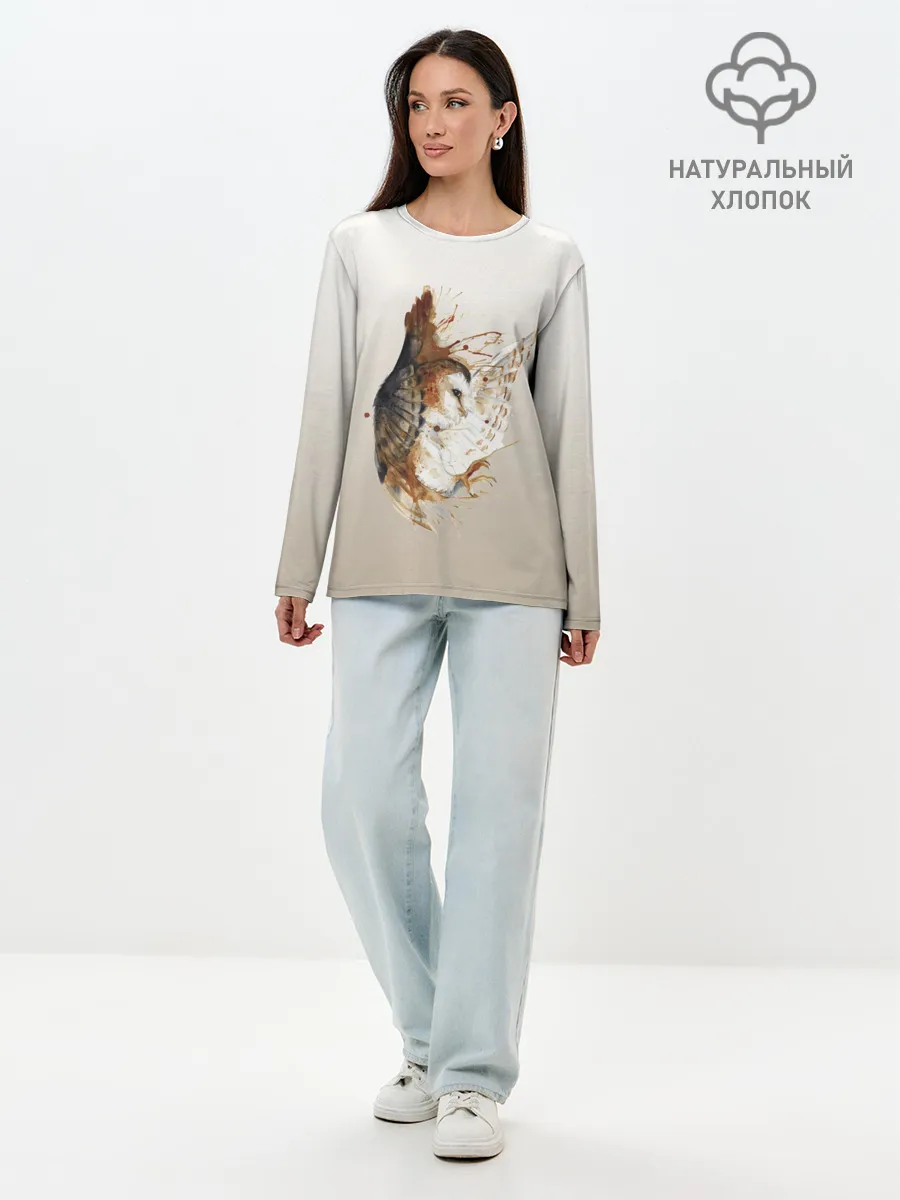 Лонгслив женский. Хлопок / летящая сова рисунок