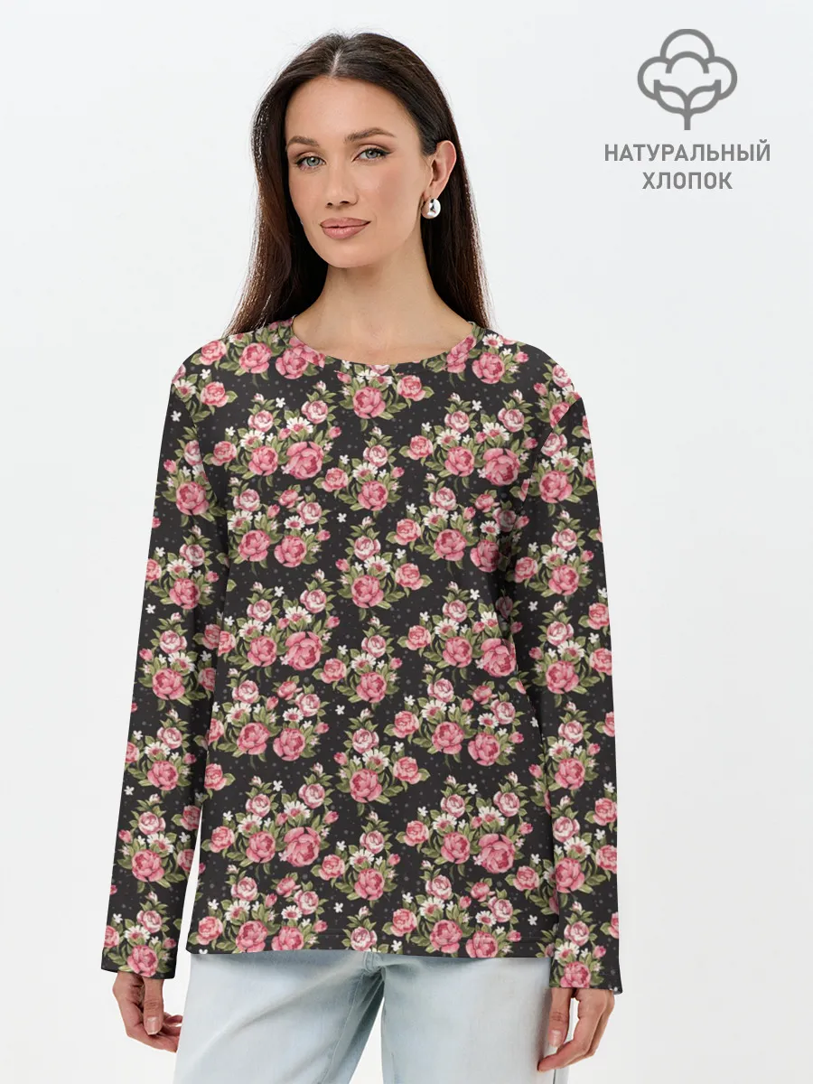 Лонгслив женский. Хлопок / Узор цветочек