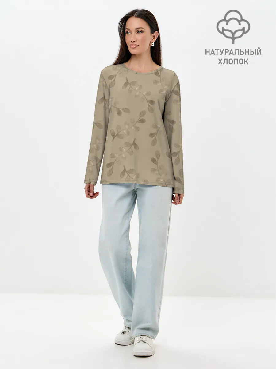 Лонгслив женский. Хлопок / Листья на бежевом фоне