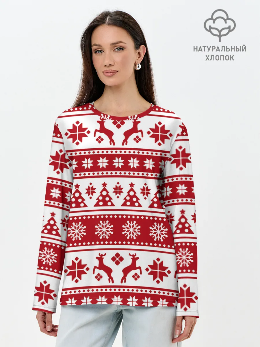 Лонгслив женский. Хлопок / Новый Год | Олени и снежинки