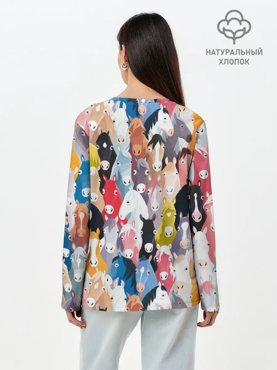 Лонгслив женский. Хлопок / цветные лошади