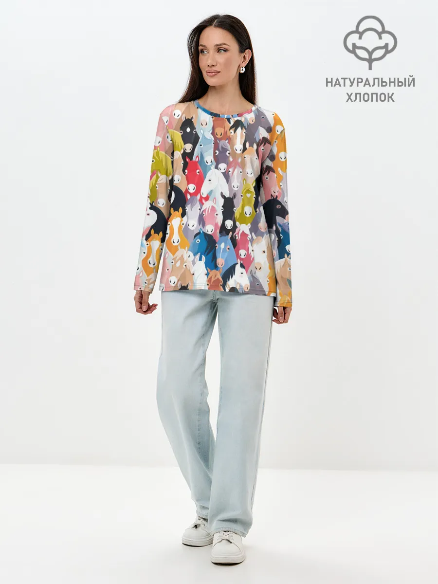 Лонгслив женский. Хлопок / цветные лошади