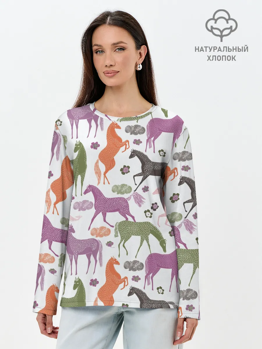 Лонгслив женский. Хлопок / лошадки