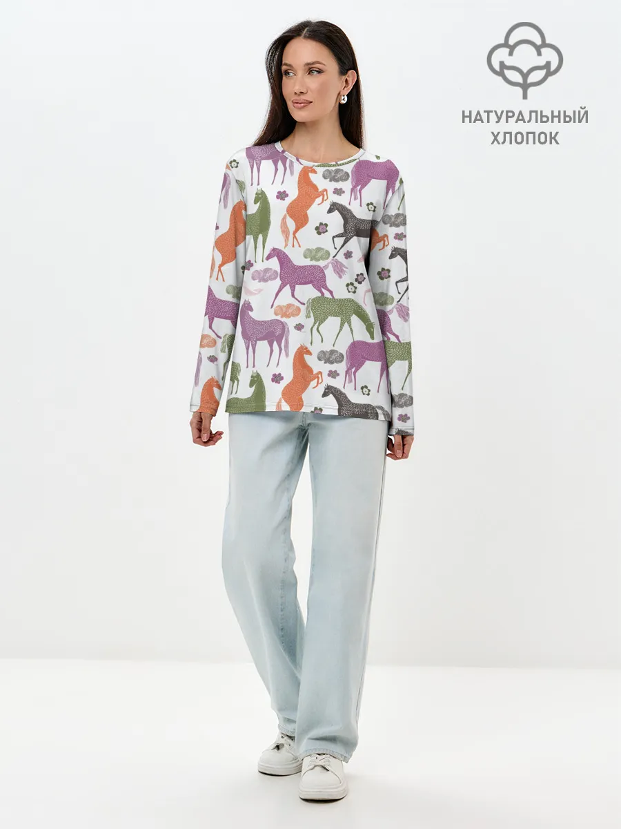 Лонгслив женский. Хлопок / лошадки