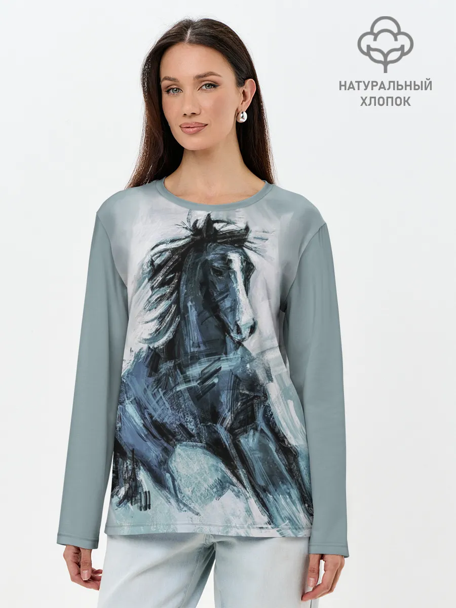Лонгслив женский. Хлопок / нарисованный конь