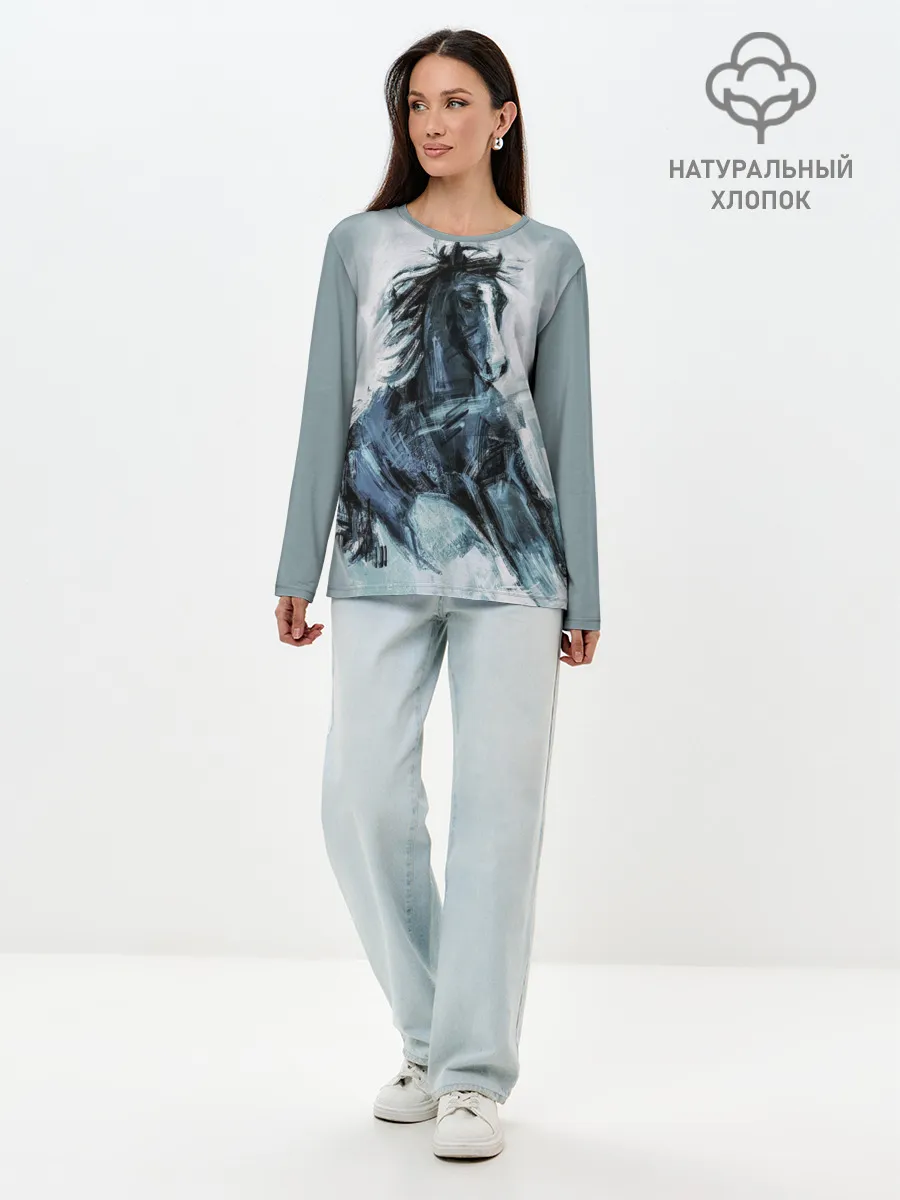 Лонгслив женский. Хлопок / нарисованный конь