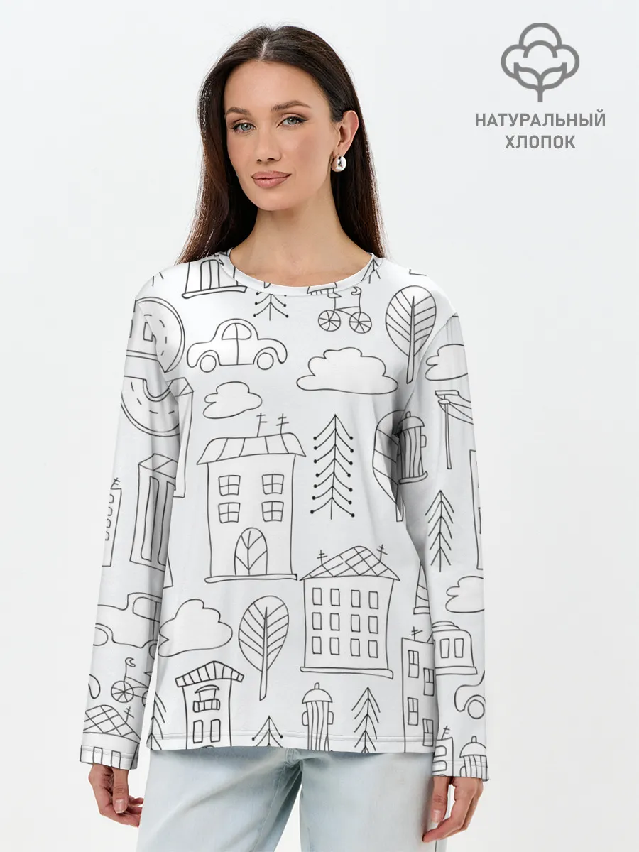Лонгслив женский. Хлопок / Нарисованный город