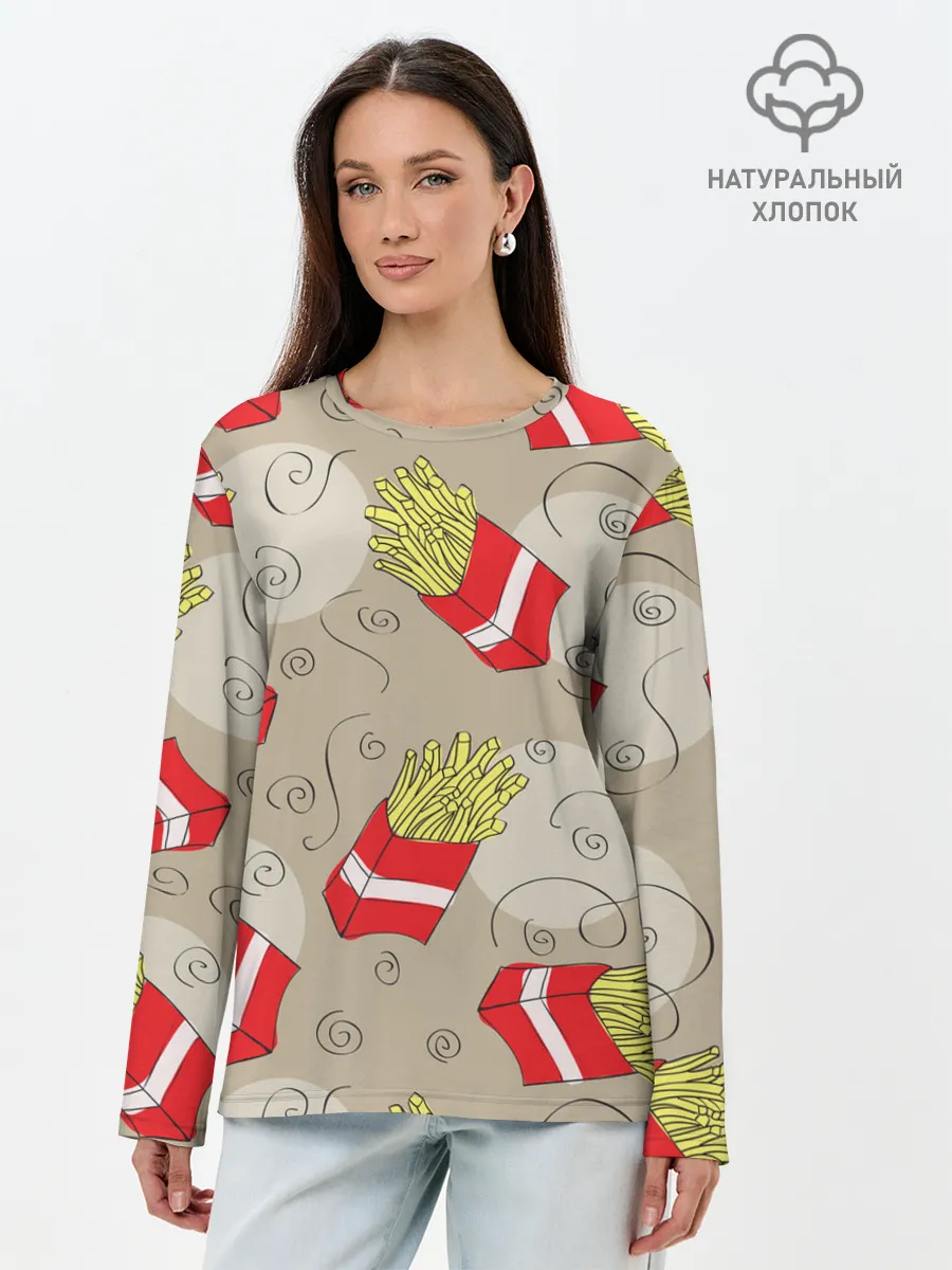 Лонгслив женский. Хлопок / Фастфуд - Картошка фри