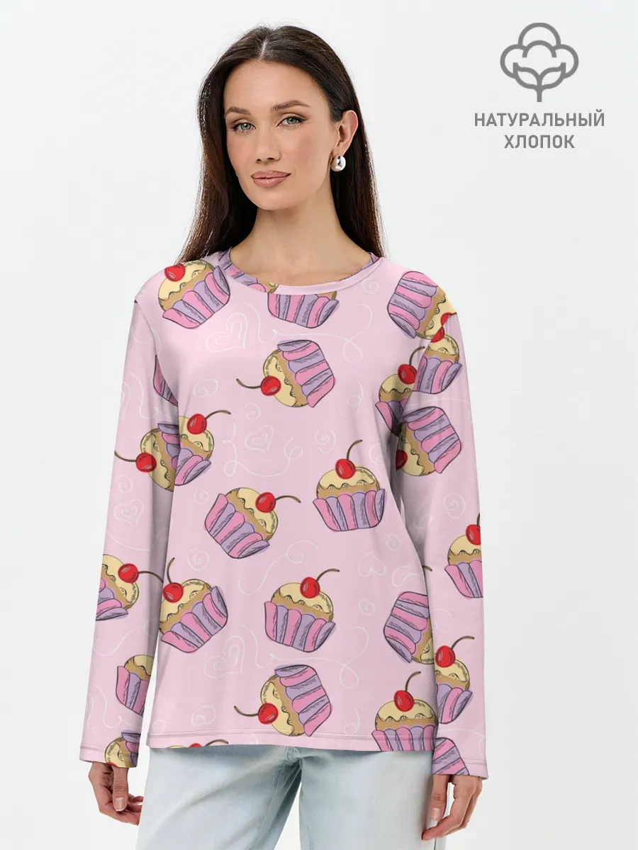 Лонгслив женский. Хлопок / Капкейки на розовом