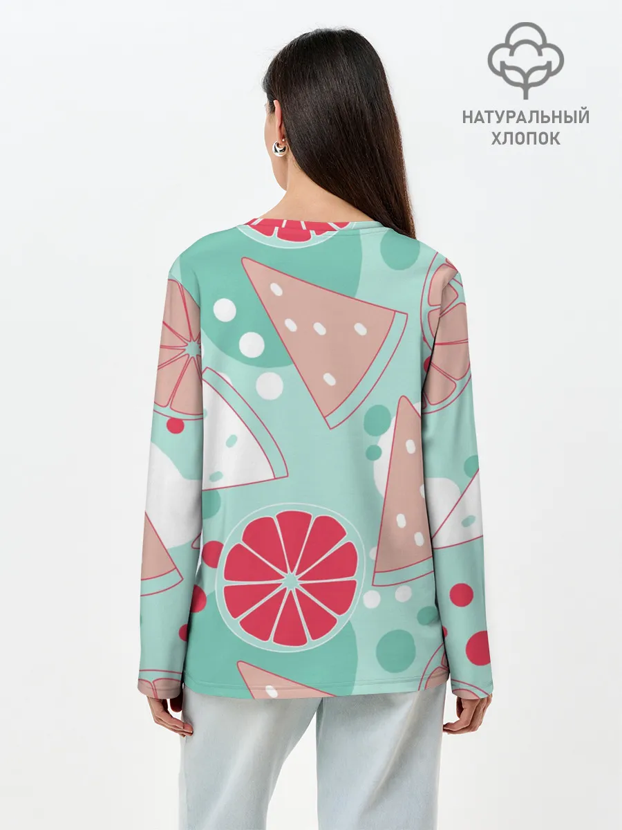 Лонгслив женский. Хлопок / Арбузно-цитрусовый узор
