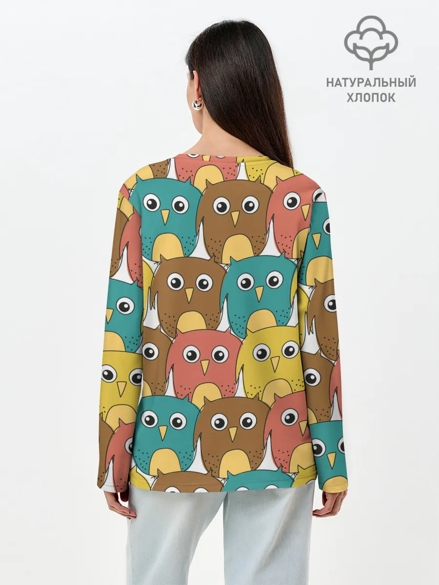 Лонгслив женский. Хлопок / Разноцветные совы