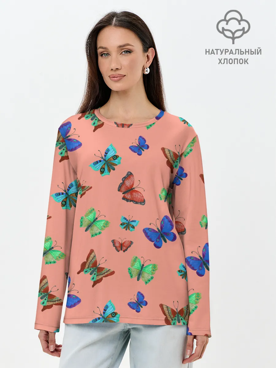 Лонгслив женский. Хлопок / Бабочки на персиковом фоне