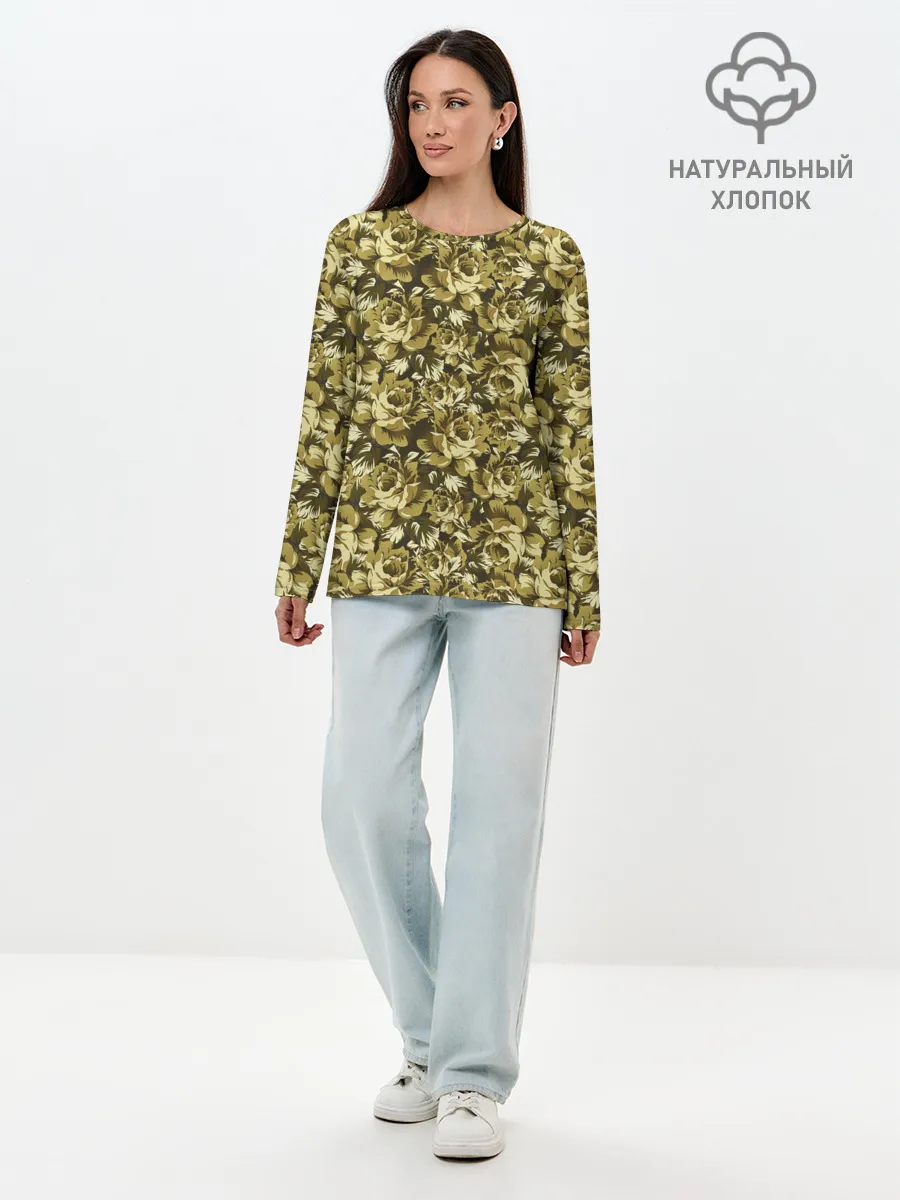 Лонгслив женский. Хлопок / Золотой камуфляж из роз