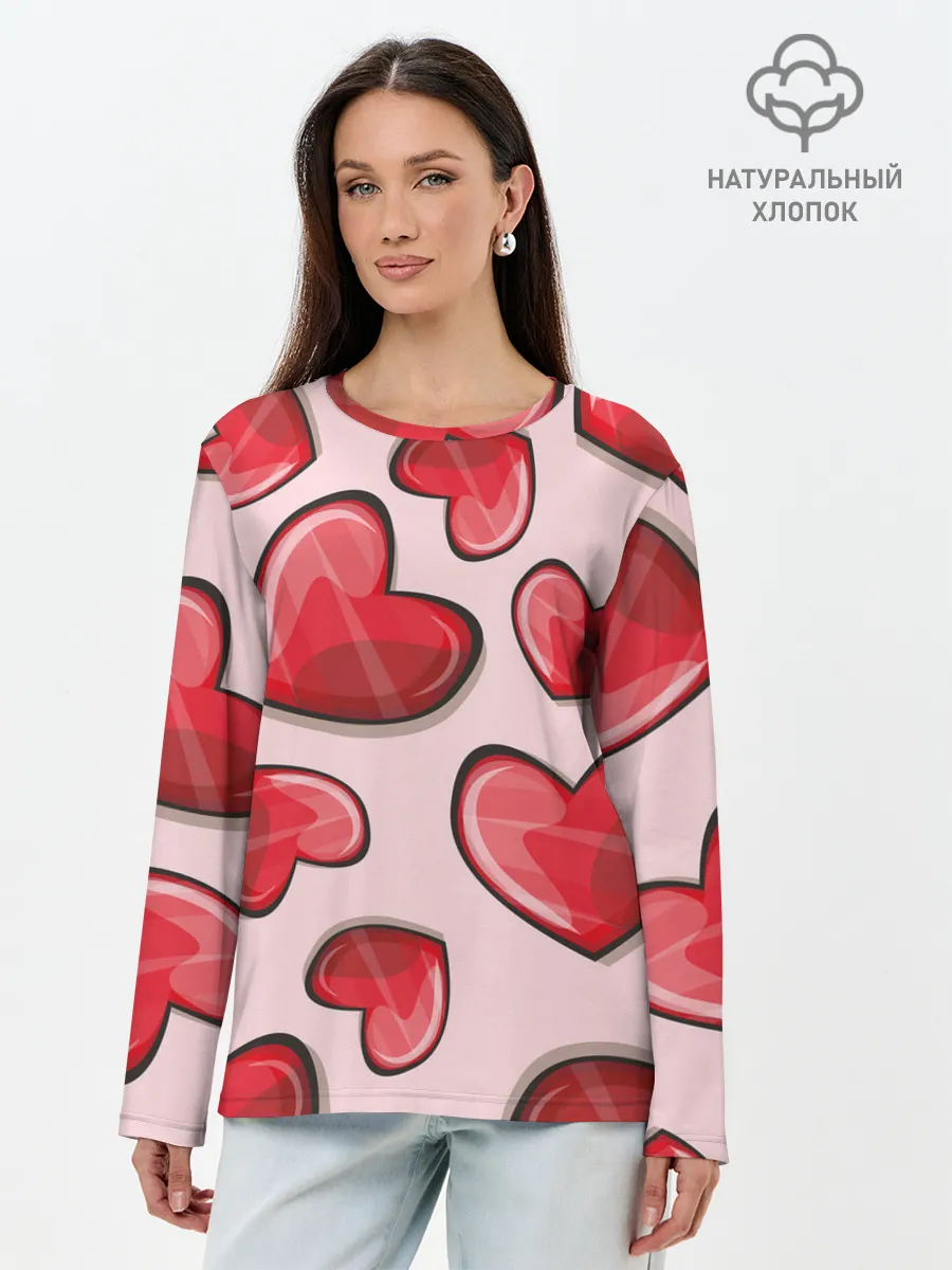Лонгслив женский. Хлопок / Узор Сердечки для влюбленных