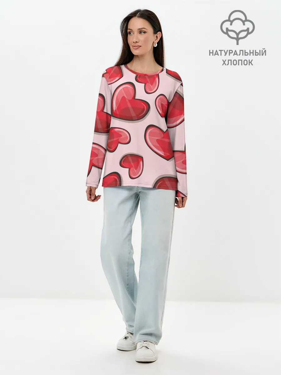 Лонгслив женский. Хлопок / Узор Сердечки для влюбленных