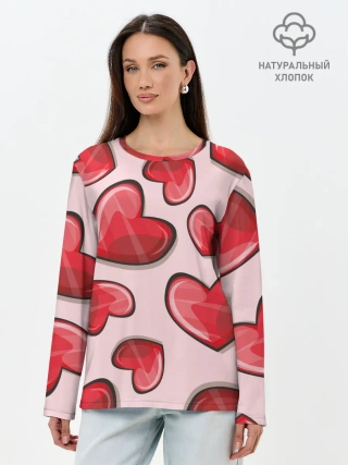 Лонгслив женский. Хлопок / Узор Сердечки для влюбленных
