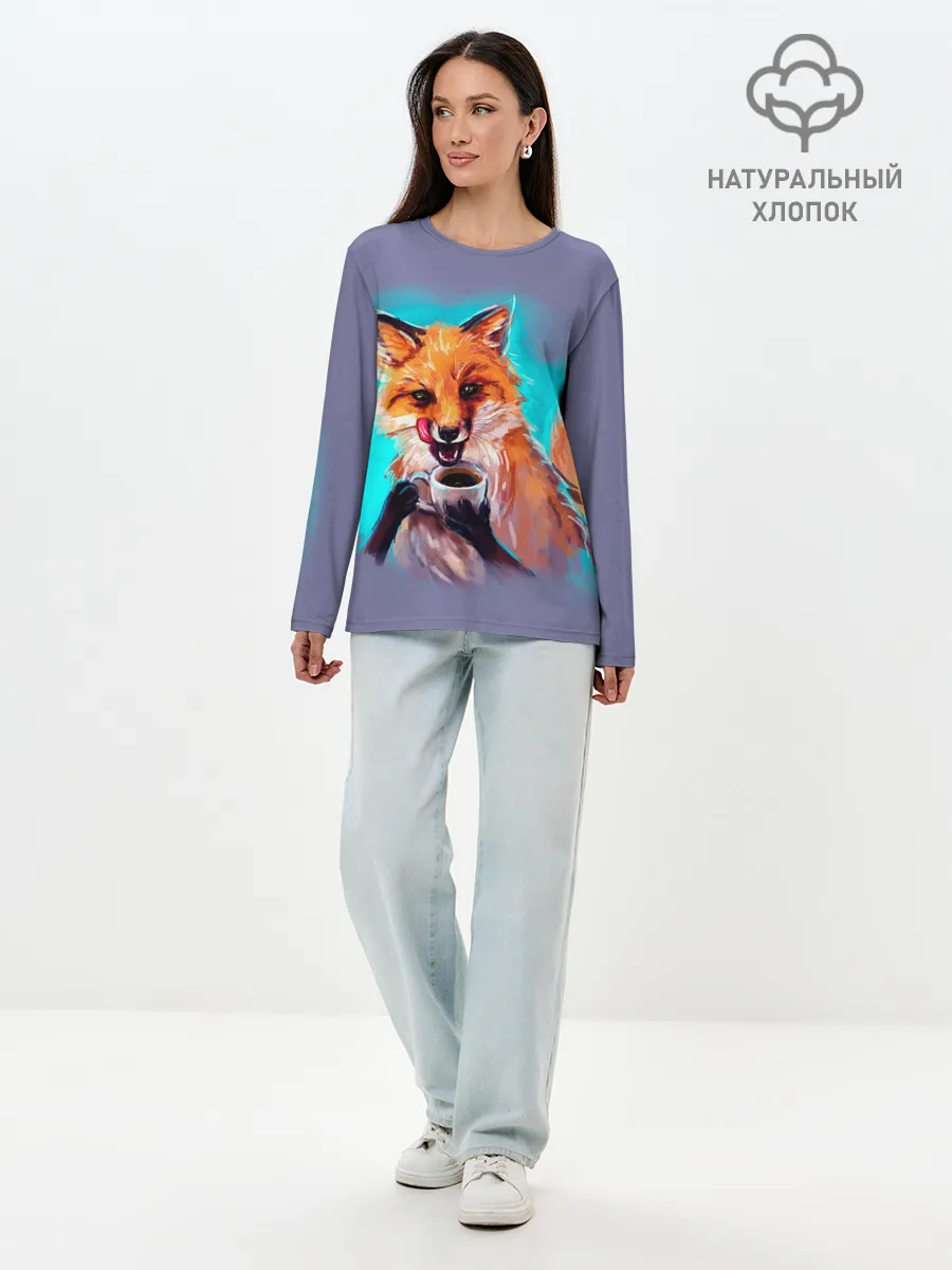 Лонгслив женский. Хлопок / Лиса с кофе