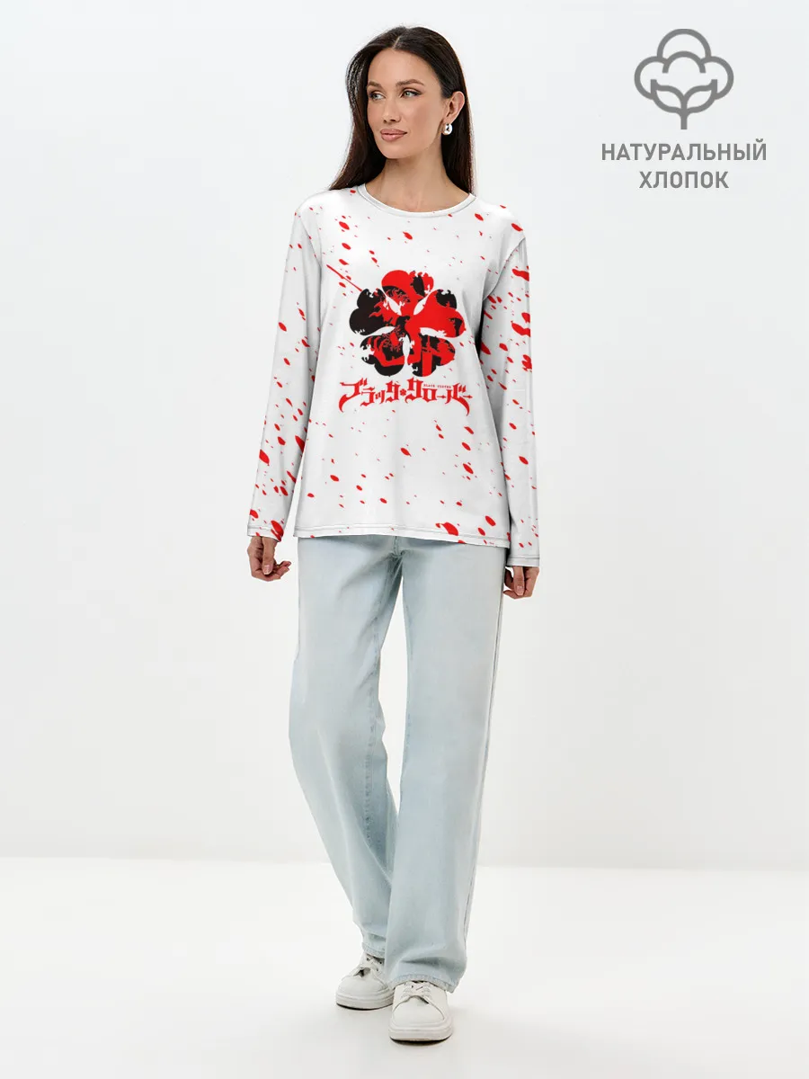 Лонгслив женский. Хлопок / Логотип черный клевер с голубыми брызгами