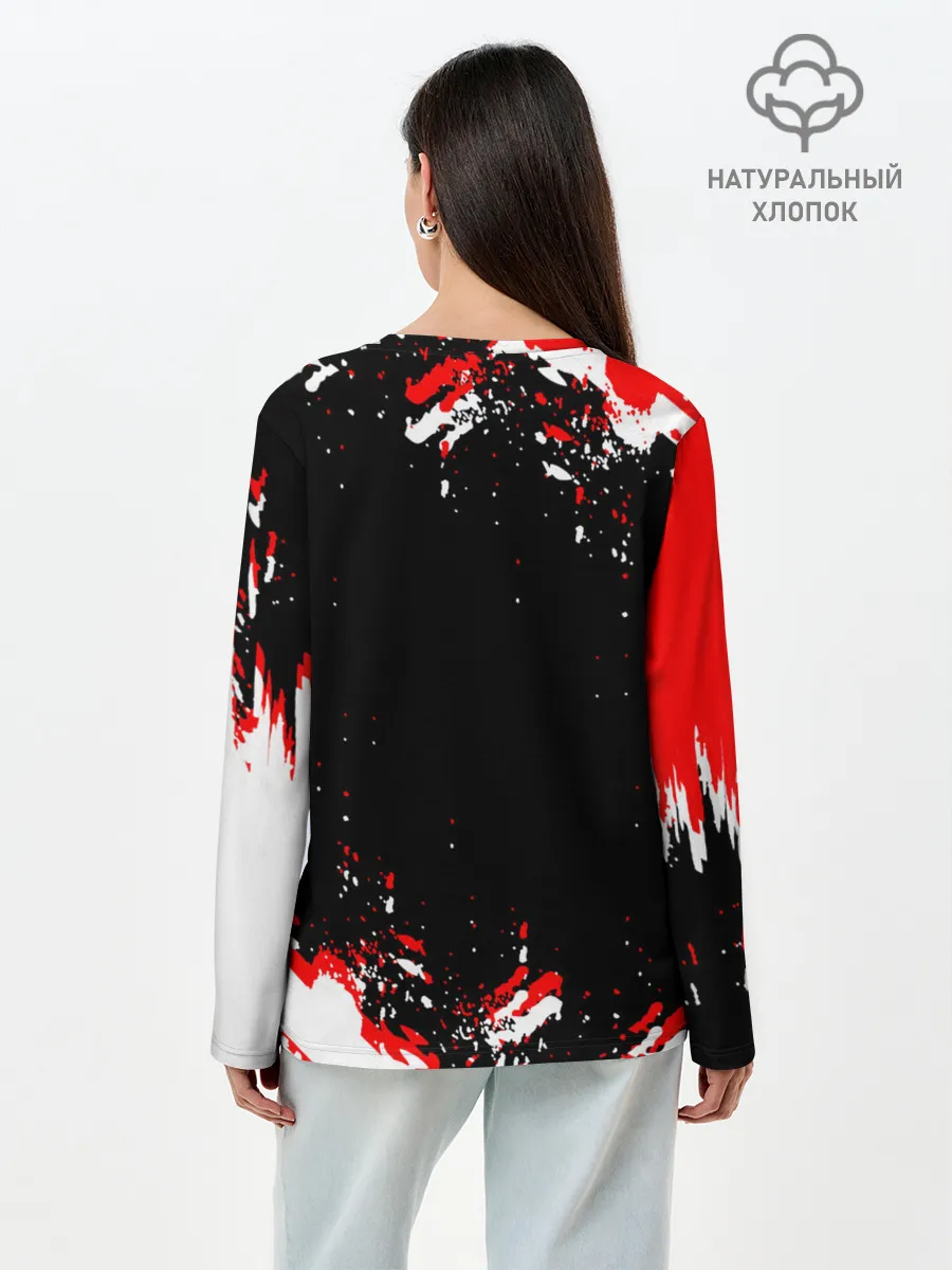 Лонгслив женский. Хлопок / Черный Клевер с ярким красным куском