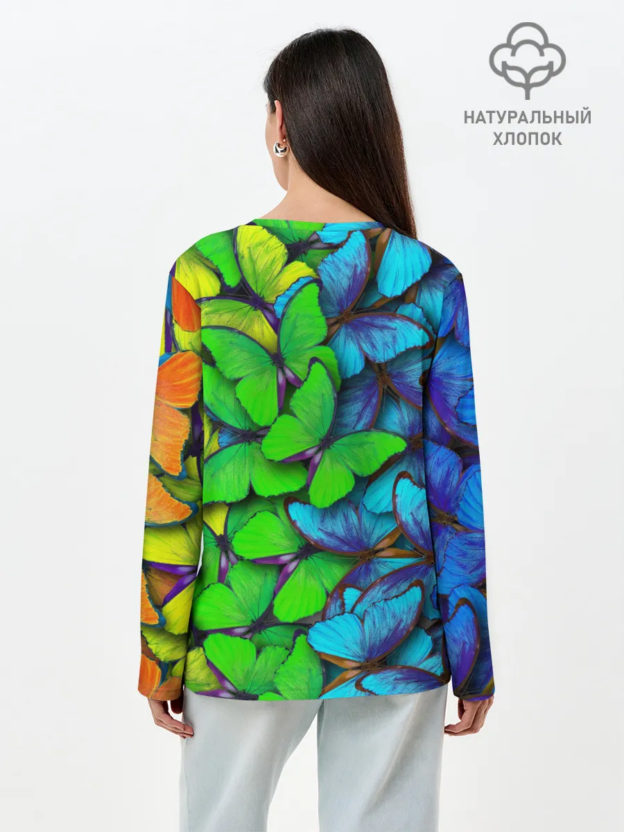 Лонгслив женский. Хлопок / Радужные бабочки