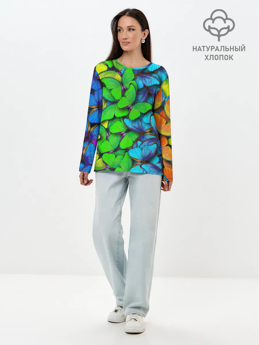 Лонгслив женский. Хлопок / Радужные бабочки