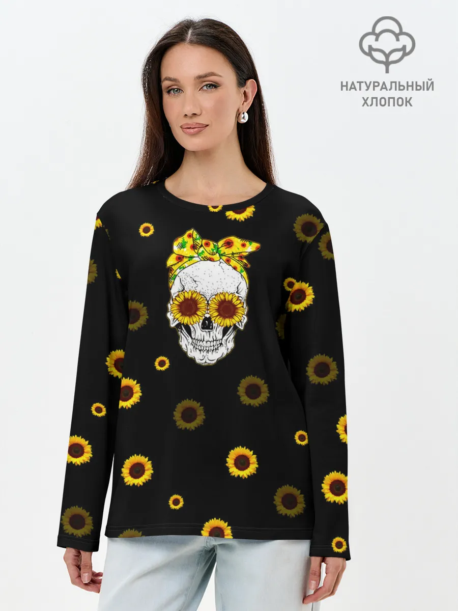 Лонгслив женский. Хлопок / Череп и подсолнухи