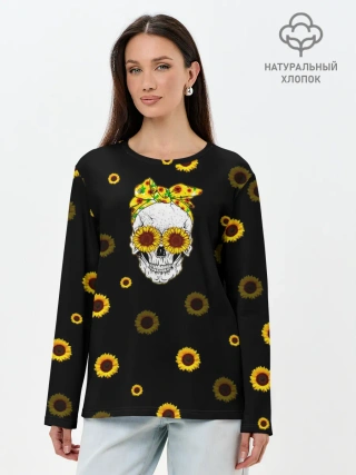 Лонгслив женский. Хлопок / Череп и подсолнухи