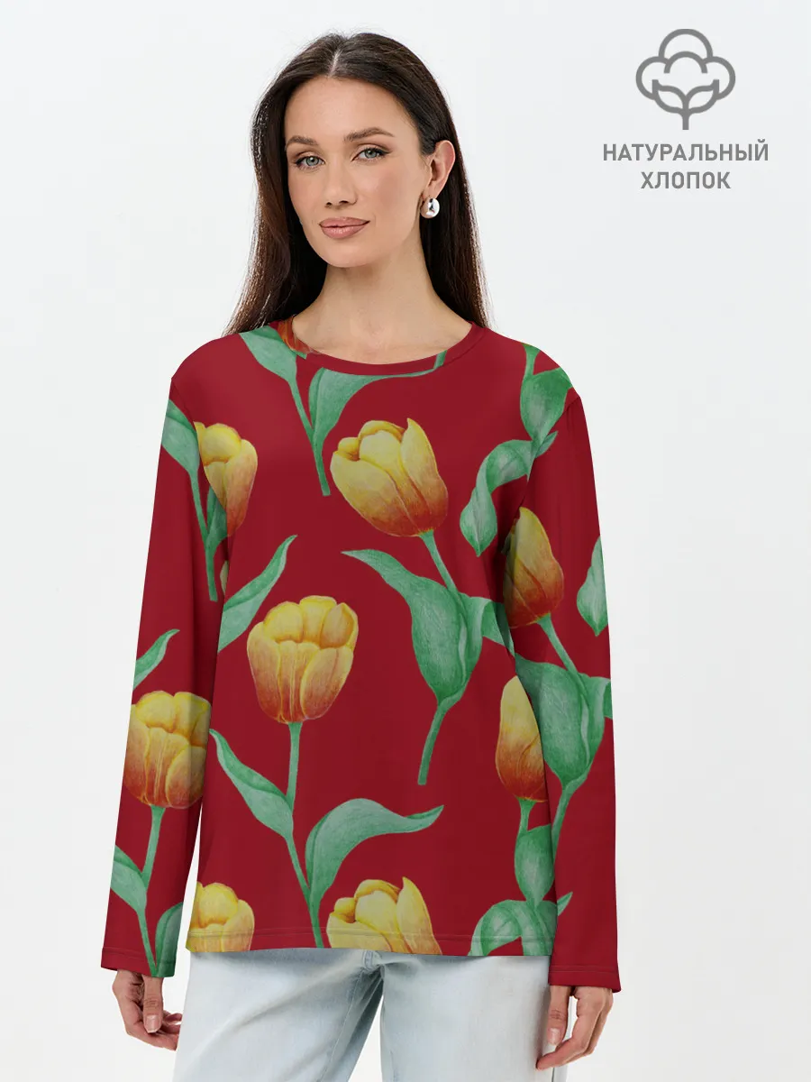 Лонгслив женский. Хлопок / Тюльпаны на красном фоне