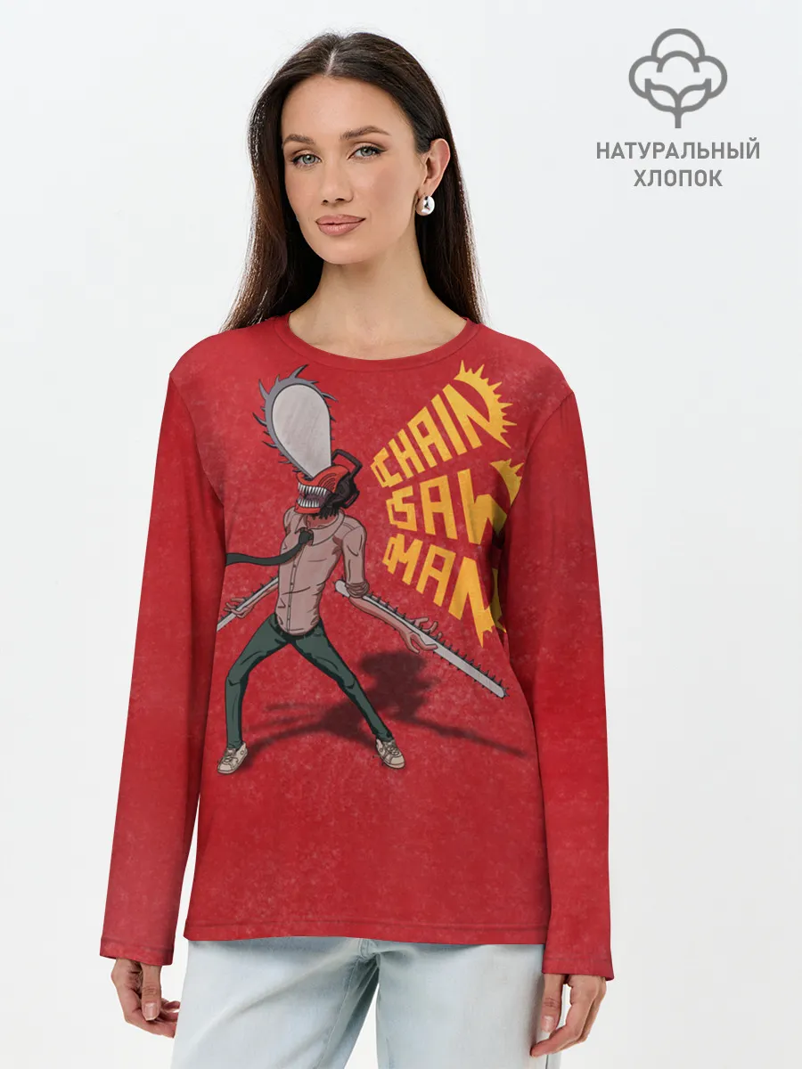 Лонгслив женский. Хлопок / Человек Бензопила на красном фоне