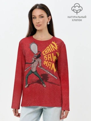 Лонгслив женский. Хлопок / Человек Бензопила на красном фоне