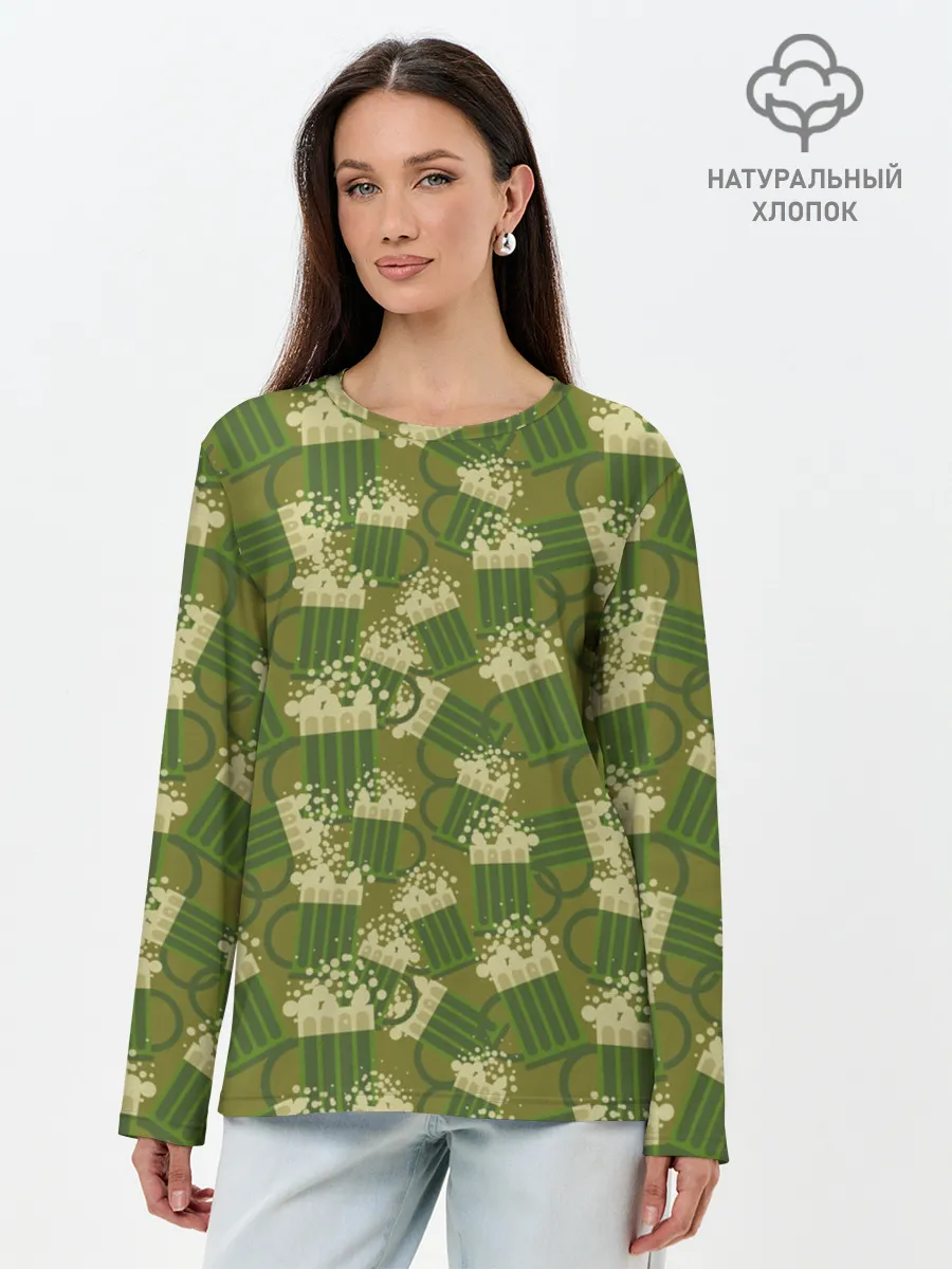 Лонгслив женский. Хлопок / кружка пива милитари