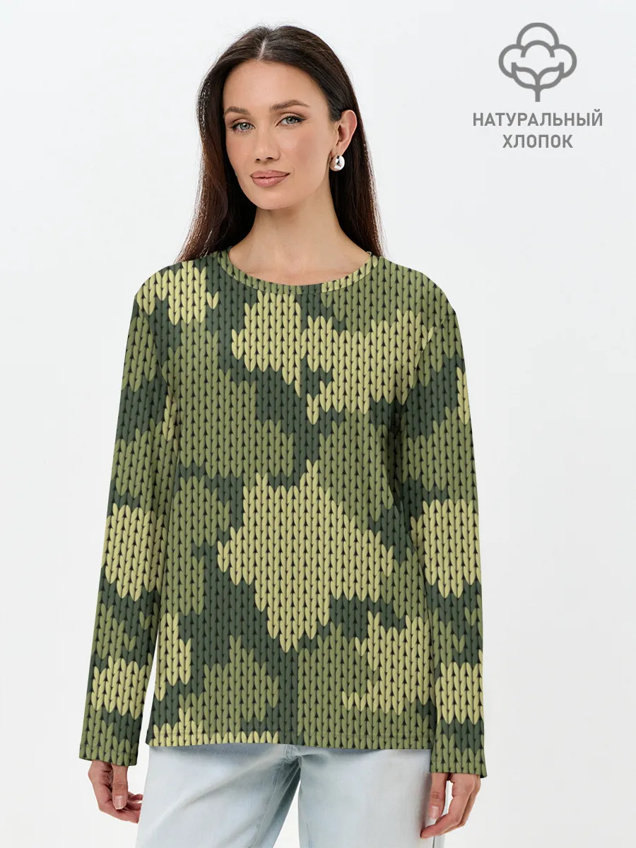 Лонгслив женский. Хлопок / вязаный принт милитари