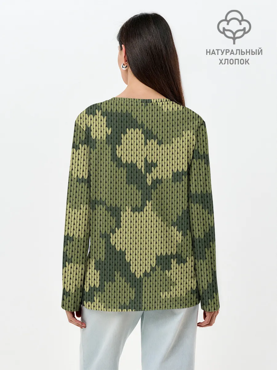Лонгслив женский. Хлопок / вязаный принт милитари
