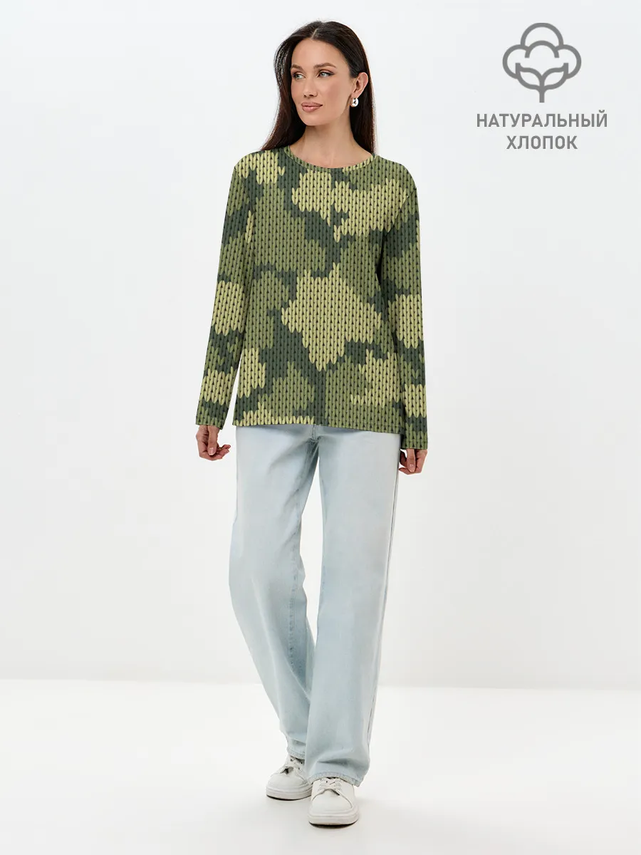 Лонгслив женский. Хлопок / вязаный принт милитари