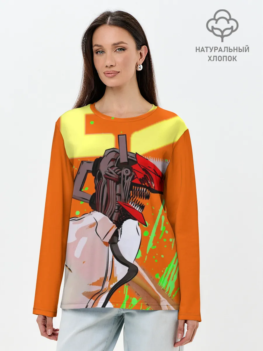 Лонгслив женский. Хлопок / Человек-Бензопила на голубом фоне