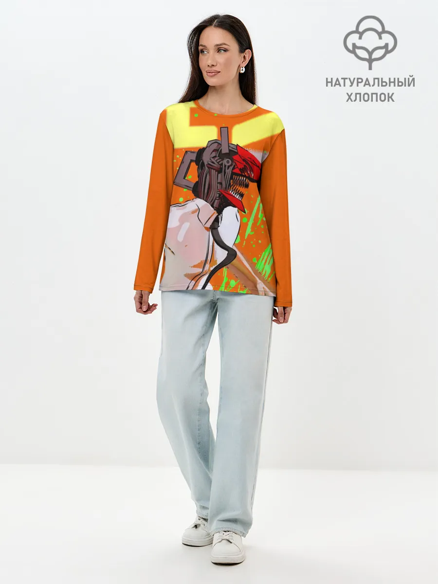 Лонгслив женский. Хлопок / Человек-Бензопила на голубом фоне