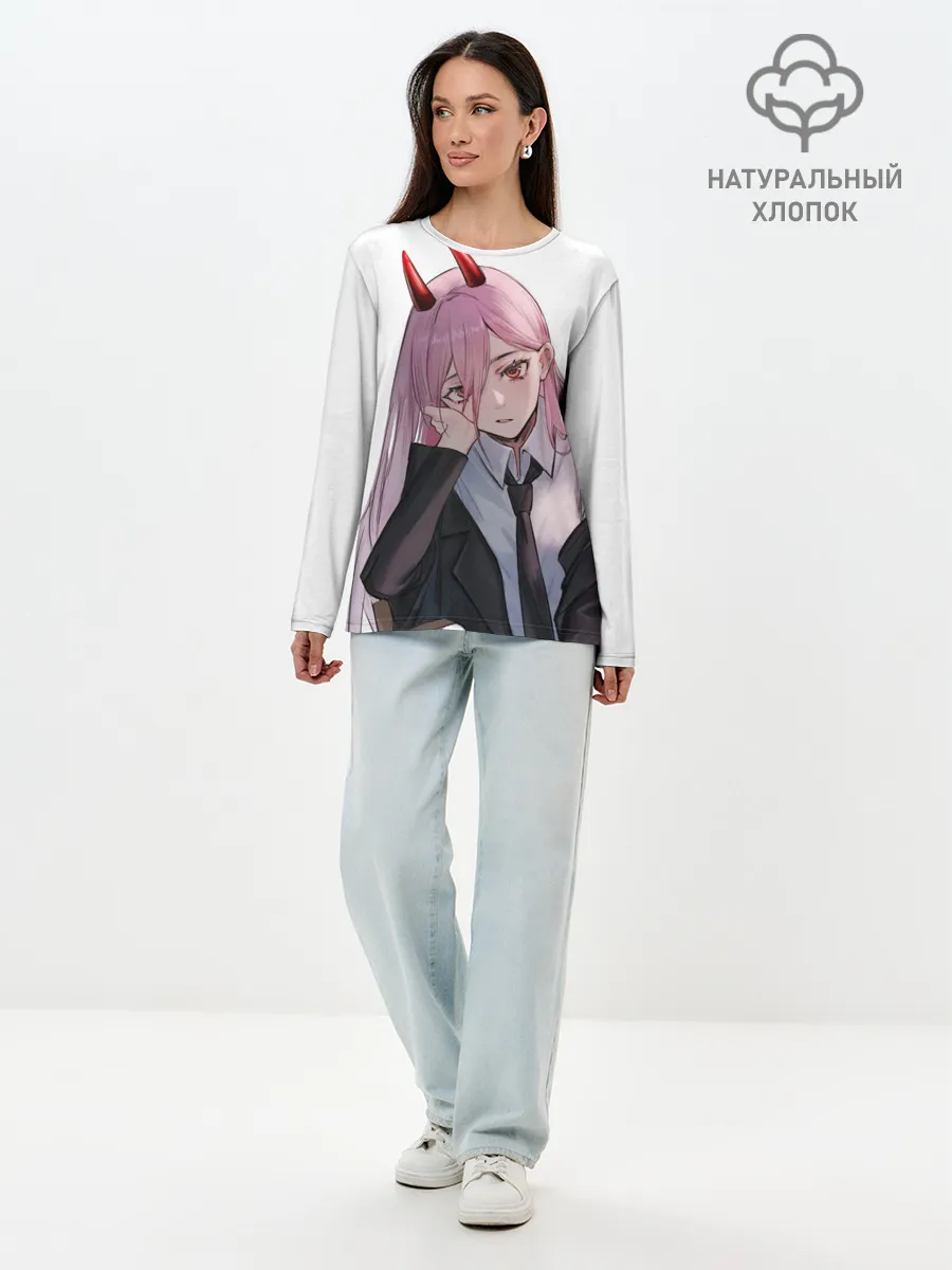 Лонгслив женский. Хлопок / Пауэр скучает на белом фоне