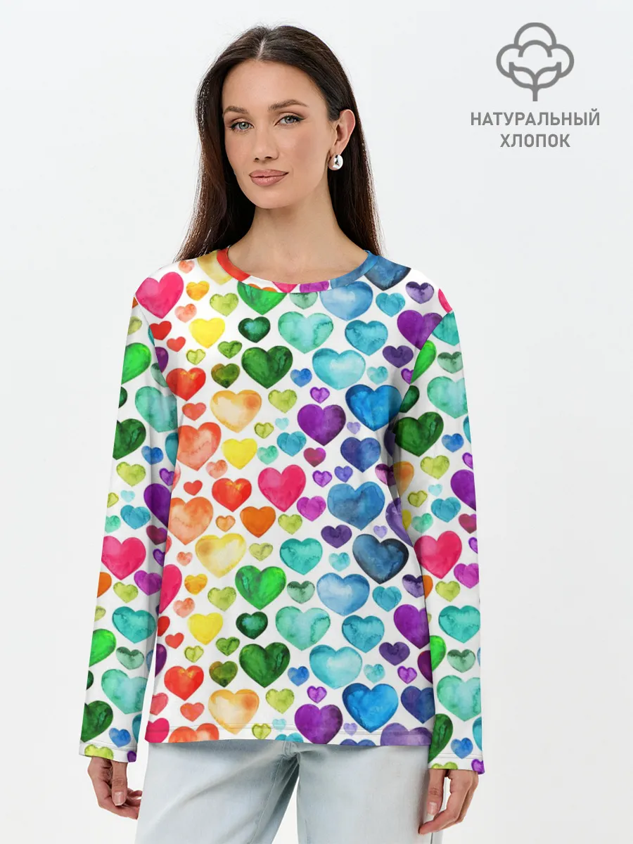 Лонгслив женский. Хлопок / Радужные сердечки