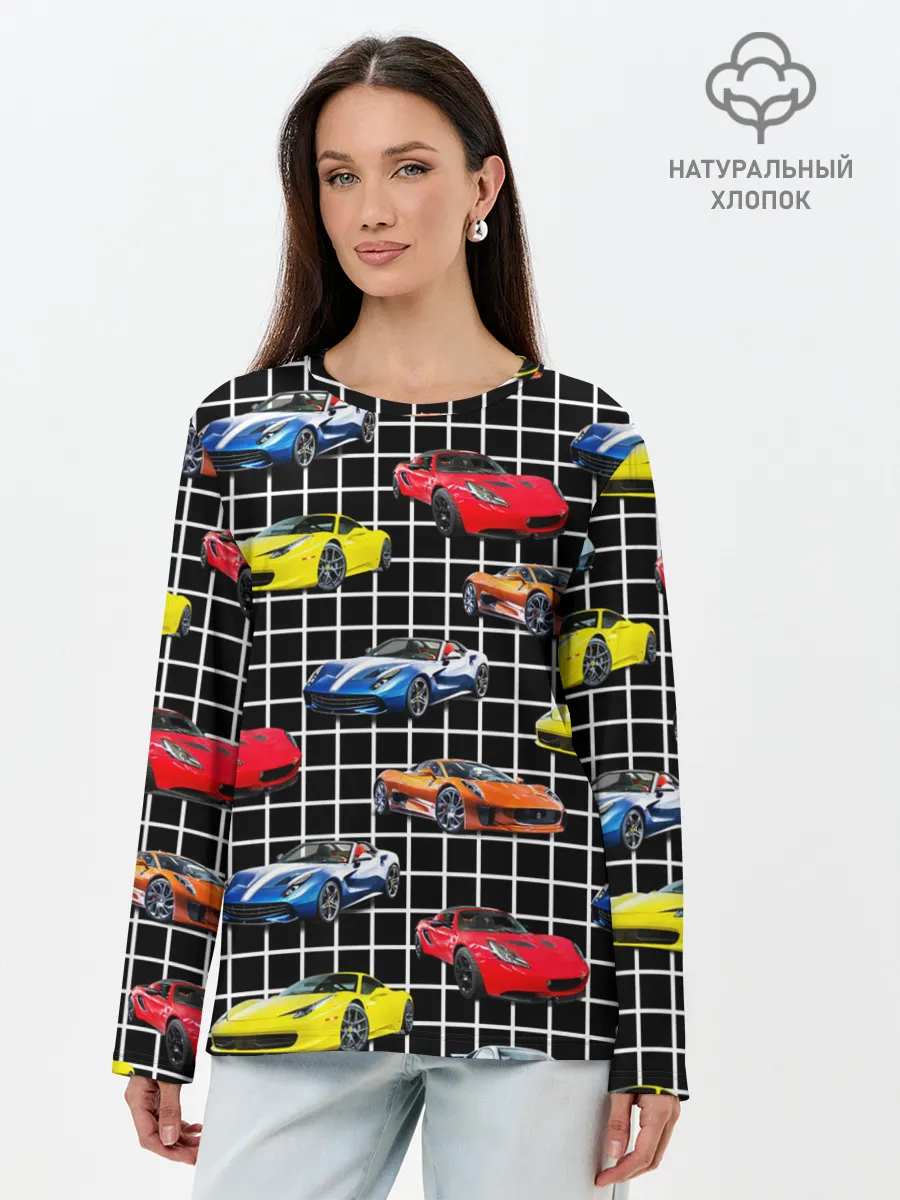 Лонгслив женский. Хлопок / Гоночные тачки
