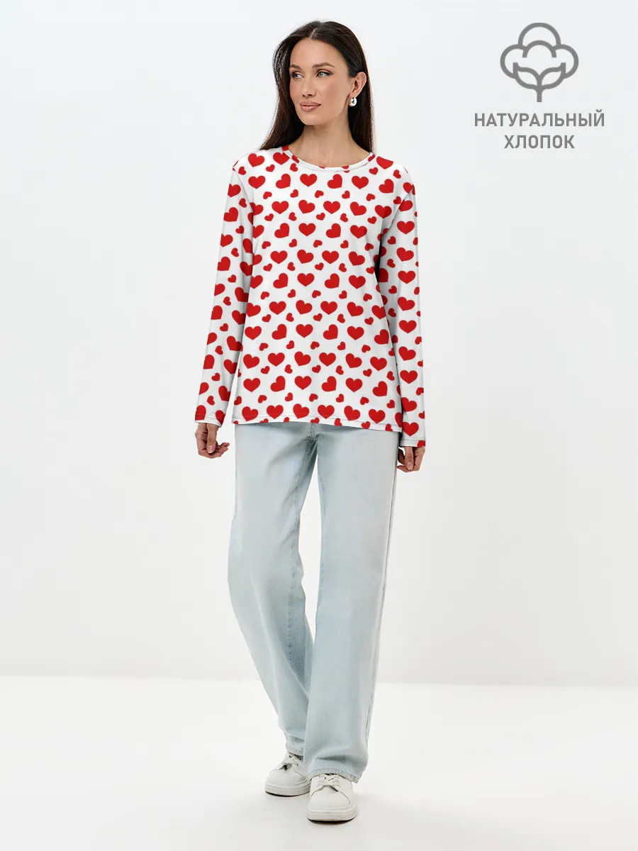 Лонгслив женский. Хлопок / Сердечки