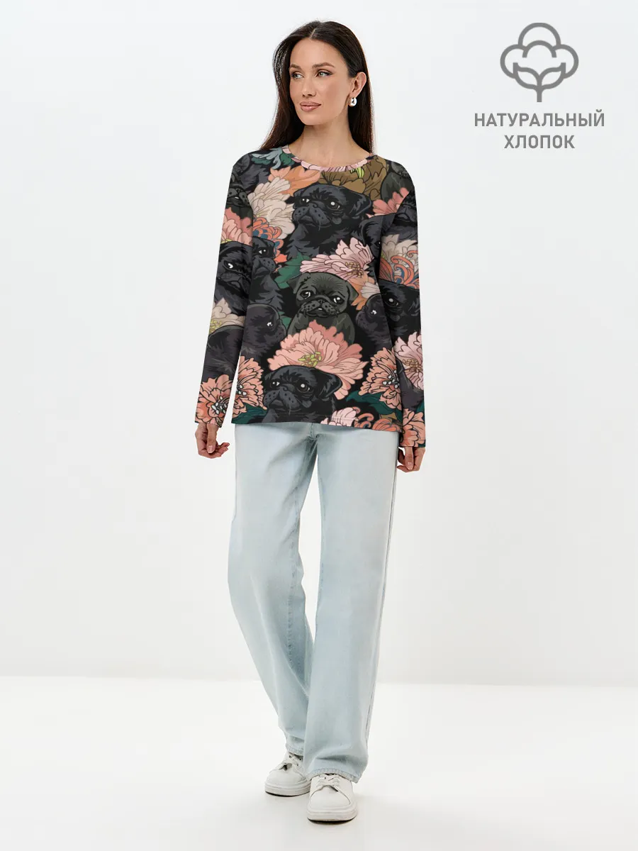 Лонгслив женский. Хлопок / Мопсы и Цветы