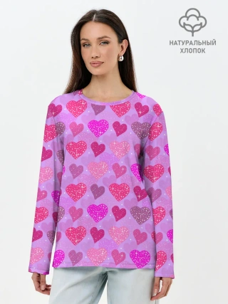 Лонгслив женский. Хлопок / Розовые сердечки