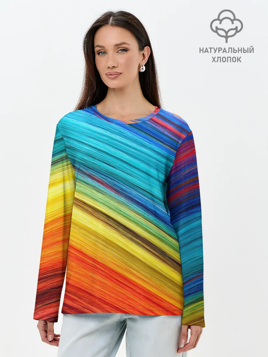 Лонгслив женский. Хлопок / цветной мех диагональ